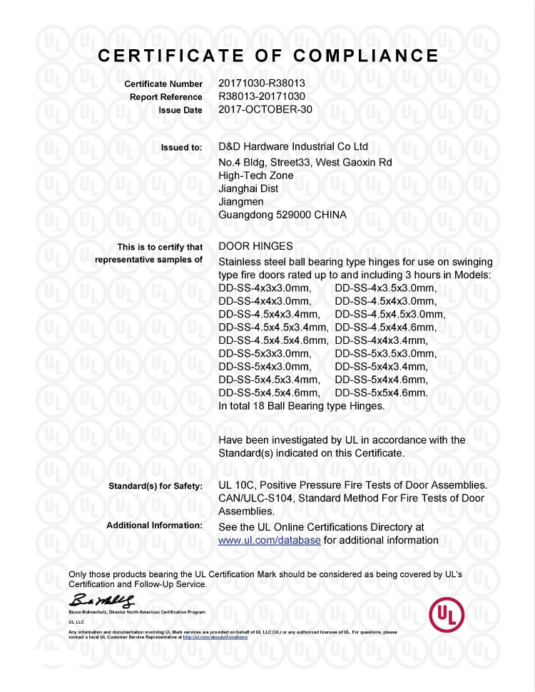 D&D Hardware- UL certification R38013-18 sizes In Total 