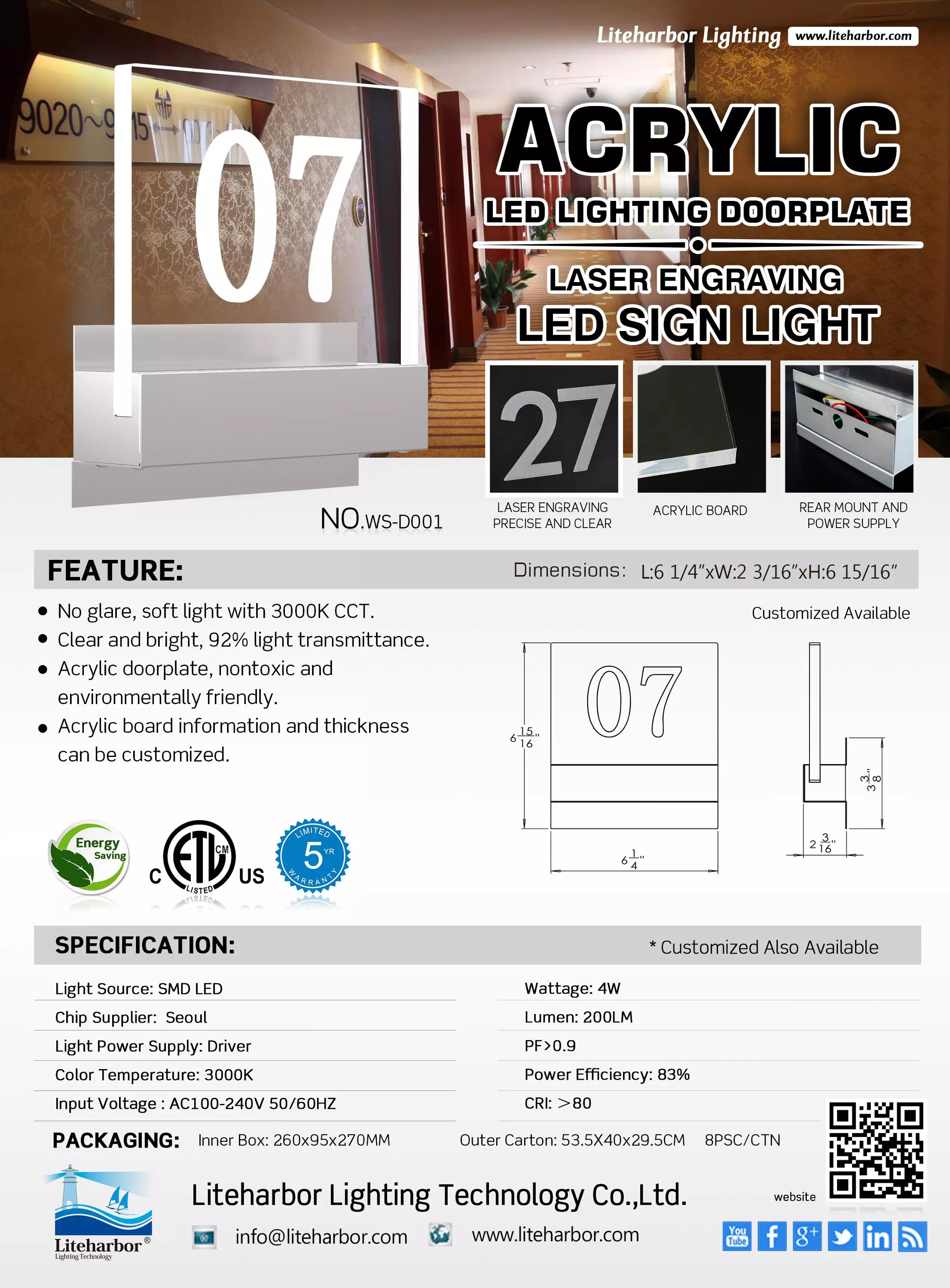 Hospitality Hotel Room Door SMD LED 4W Doorplate LED Wall Sconce Light