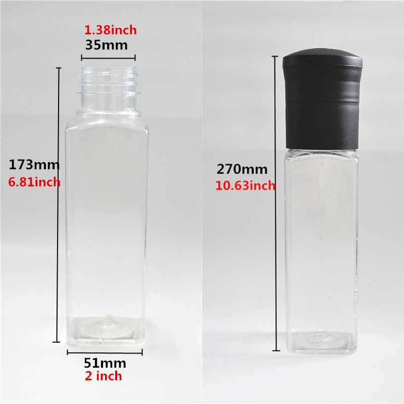 2020 hot manual plastic spice grinder pepper and salt mill with 370ml square plastic bottle for kitchen use