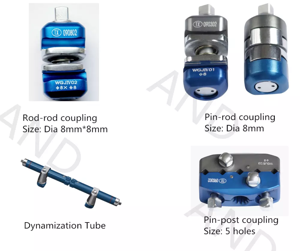 OEM avaible Dia8mm Hoffmann external fixator system,Curved alum rod and One step pin,External Fixator for open bone fractures.