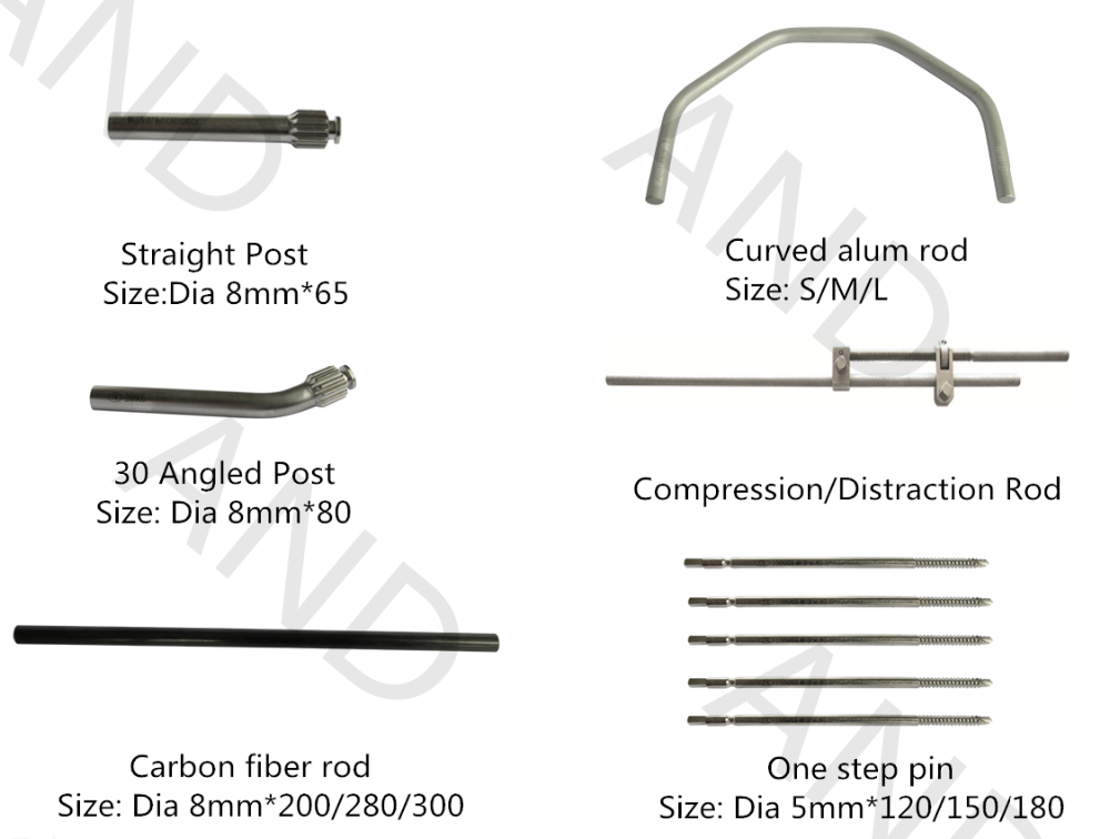 OEM avaible Dia8mm Hoffmann external fixator system,Curved alum rod and One step pin,External Fixator for open bone fractures.
