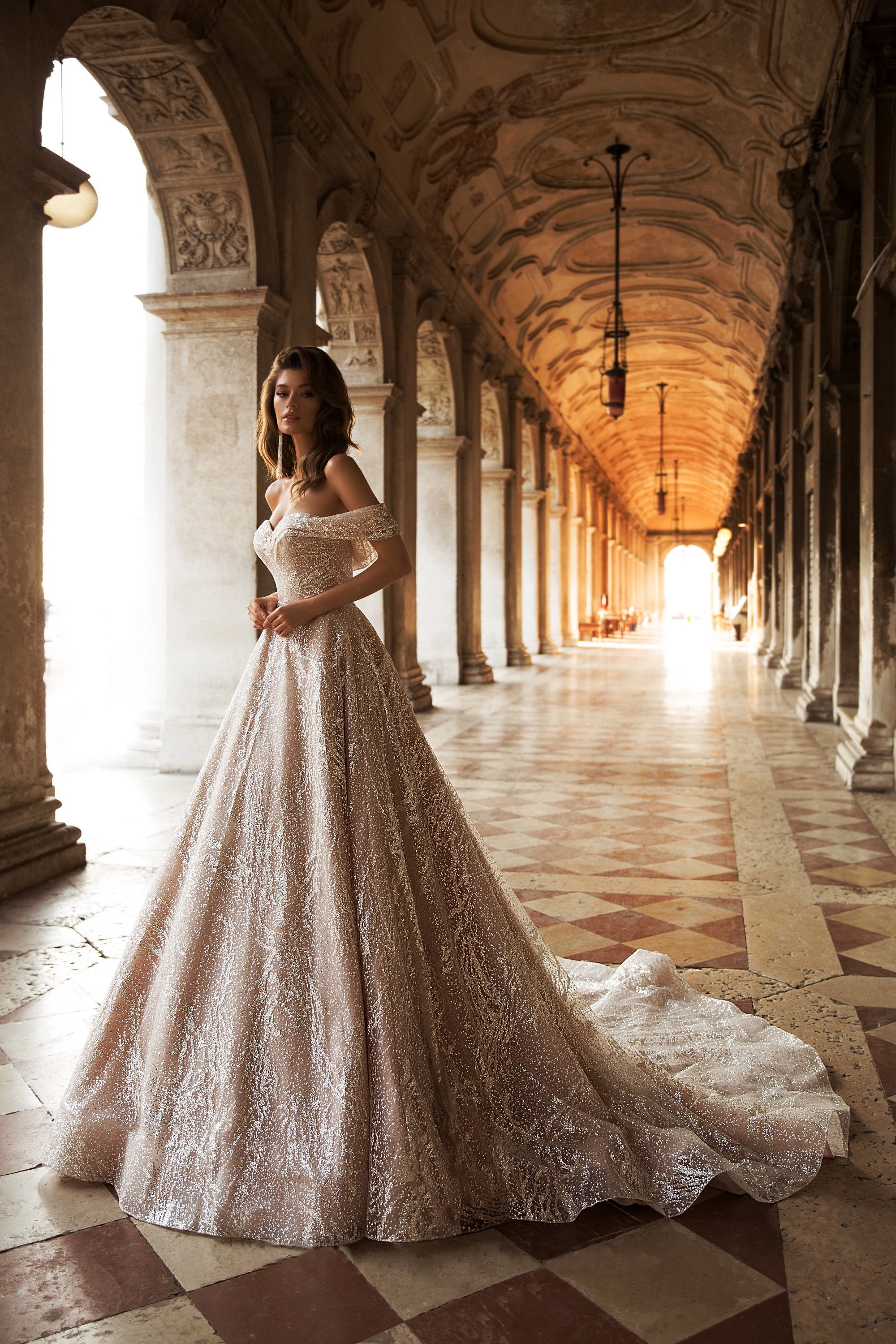 2019 Shiny Off Shoulder Backless A Line Wedding Dress