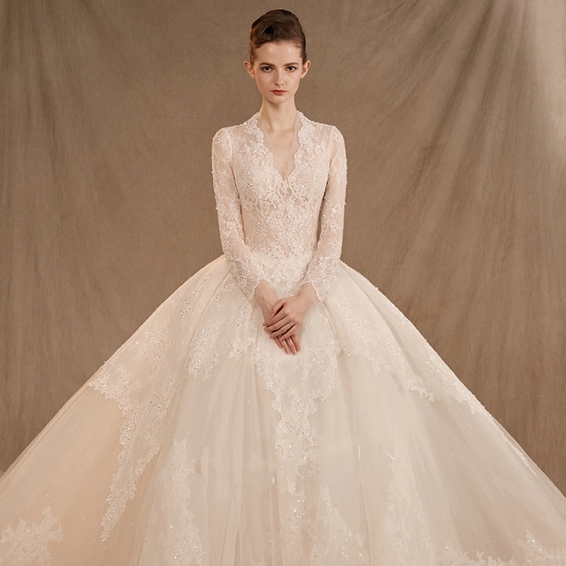 2020 Elegant V Neck Floral Lace Sequin Beading Long Sleeve Illusion Zipper Up Back Chapel Train Wedding Dresses