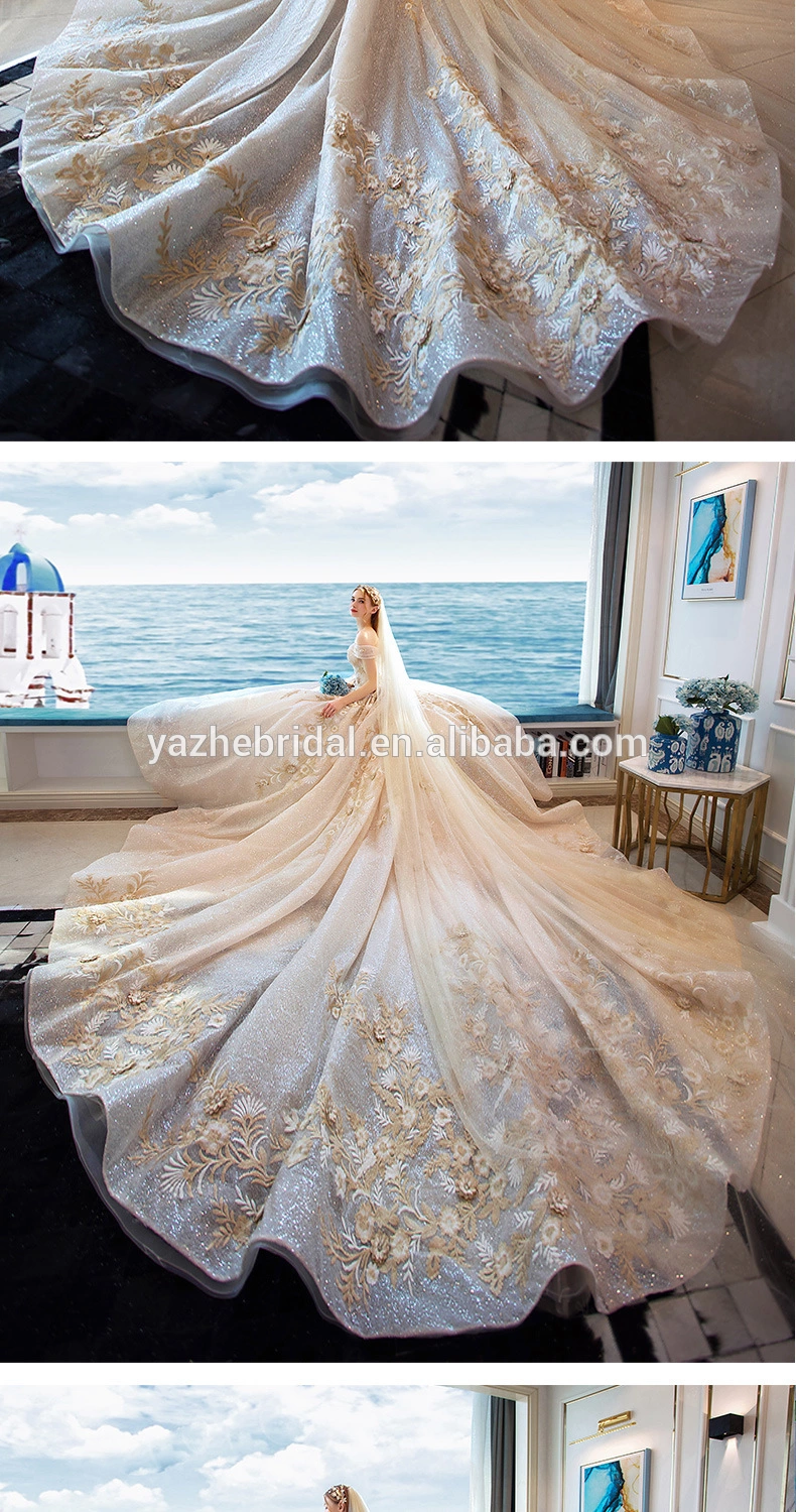 luxury trailing starry sky kinds wedding dress noble new style Off Shoulder bride gown