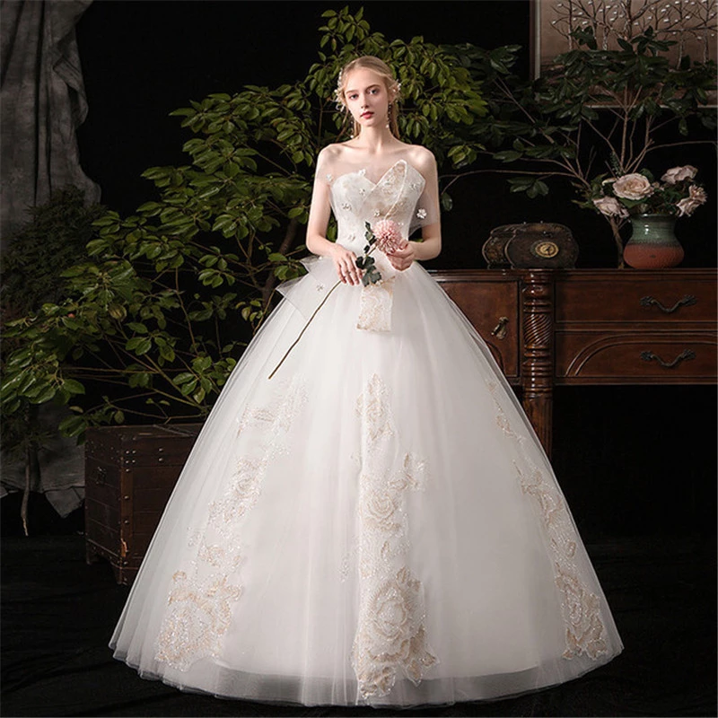 Fashion Styles Elegant Women Tube Wedding dress Floor Length Vintage Applique Women Bridal Gown