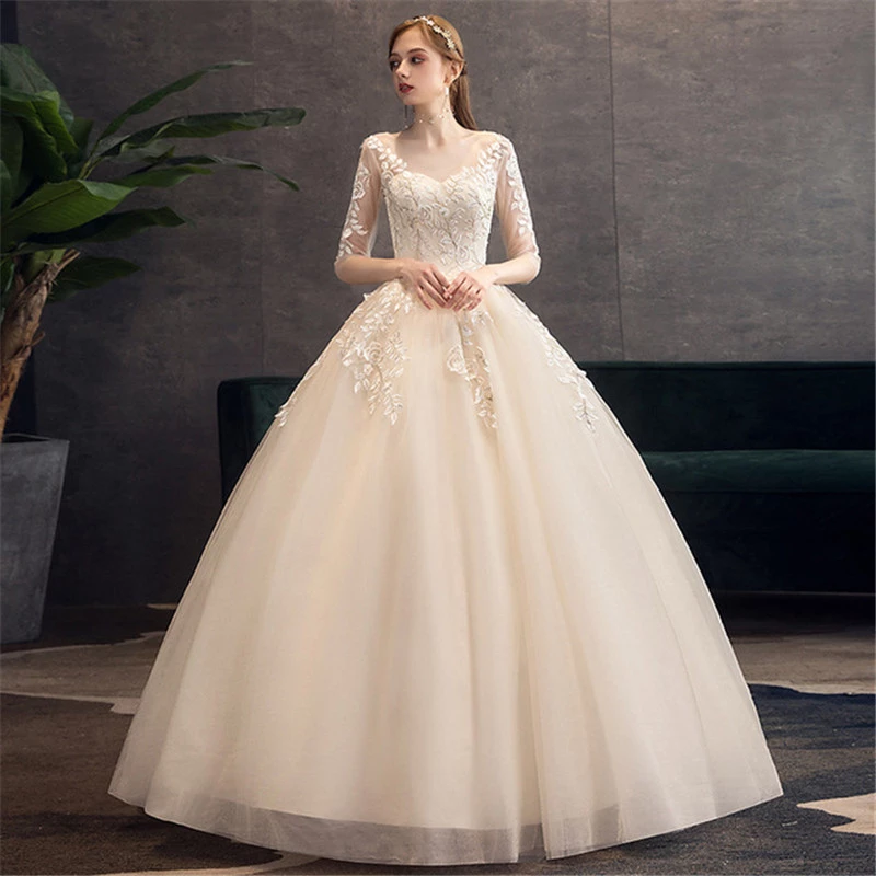 In-stock Fashion Styles Elegant Women Wedding dress Floor Length Vintage Applique Women Bridal Gown