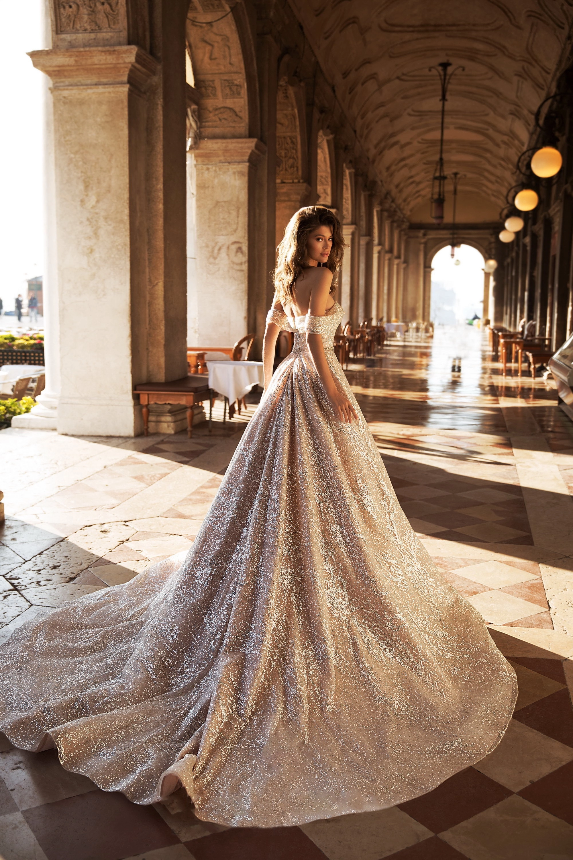 2019 Shiny Off Shoulder Backless A Line Wedding Dress