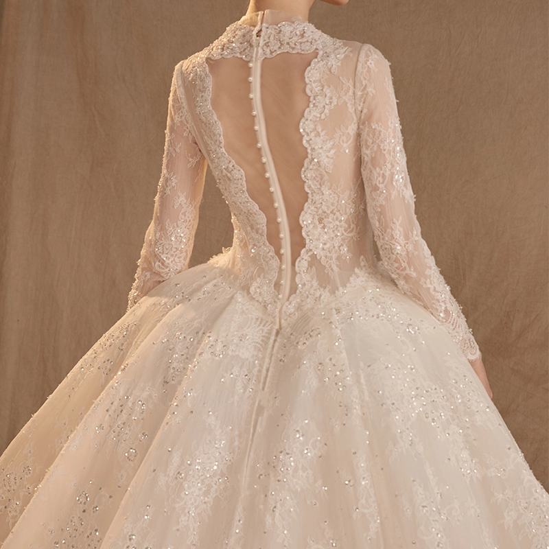 2020 Elegant V Neck Floral Lace Sequin Beading Long Sleeve Illusion Zipper Up Back Chapel Train Wedding Dresses