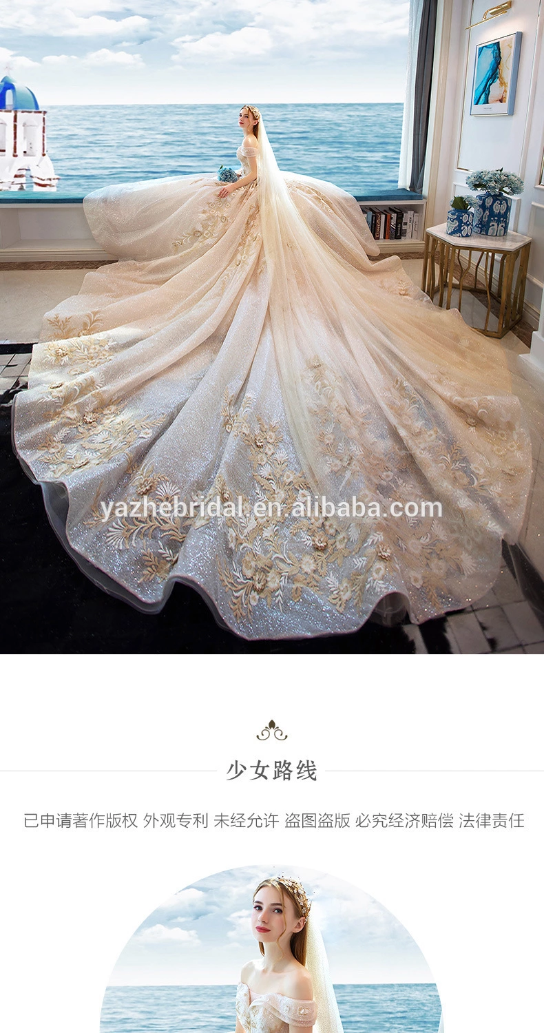 luxury trailing starry sky kinds wedding dress noble new style Off Shoulder bride gown
