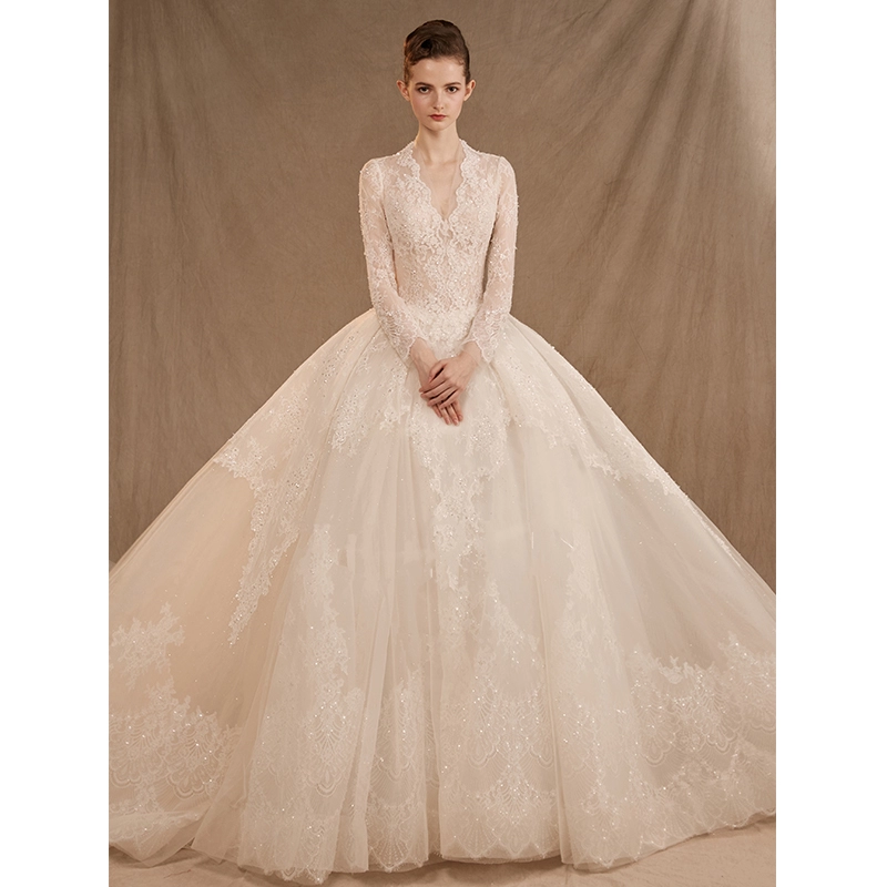 2020 Elegant V Neck Floral Lace Sequin Beading Long Sleeve Illusion Zipper Up Back Chapel Train Wedding Dresses