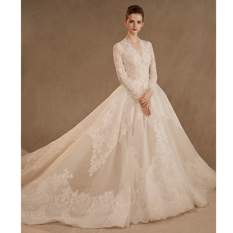 2020 Elegant V Neck Floral Lace Sequin Beading Long Sleeve Illusion Zipper Up Back Chapel Train Wedding Dresses