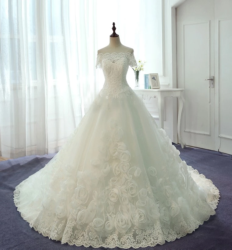 China custom made short sleeve satin embroidery Strapless neckline wedding dress bridal gown TS94