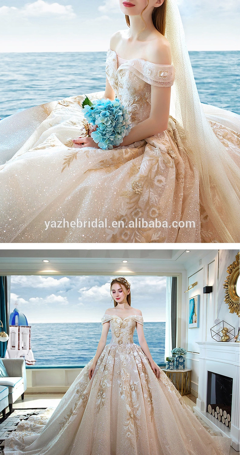 luxury trailing starry sky kinds wedding dress noble new style Off Shoulder bride gown