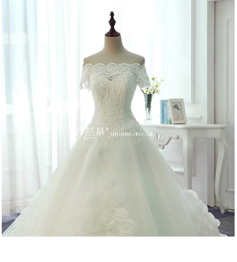 China custom made short sleeve satin embroidery Strapless neckline wedding dress bridal gown TS94