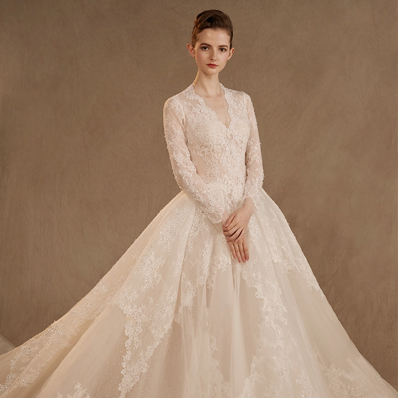 2020 Elegant V Neck Floral Lace Sequin Beading Long Sleeve Illusion Zipper Up Back Chapel Train Wedding Dresses