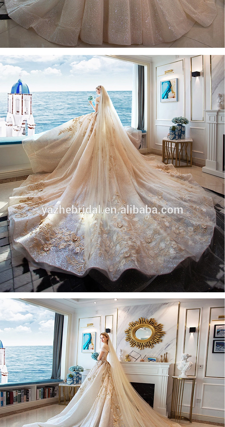 luxury trailing starry sky kinds wedding dress noble new style Off Shoulder bride gown