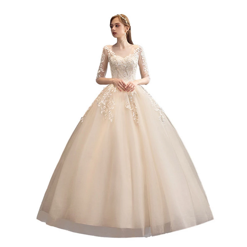 In-stock Fashion Styles Elegant Women Wedding dress Floor Length Vintage Applique Women Bridal Gown