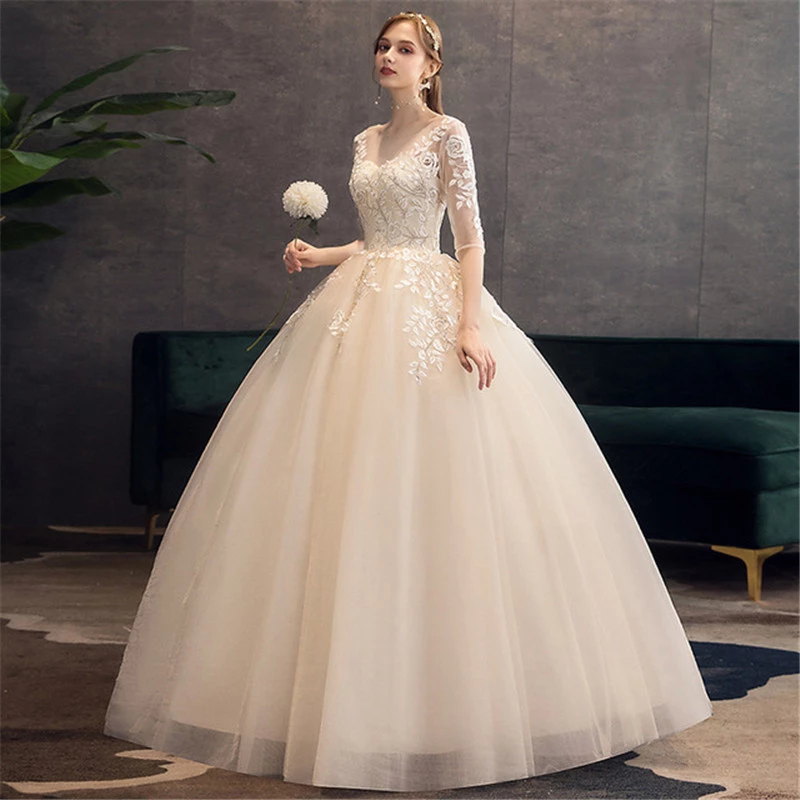 In-stock Fashion Styles Elegant Women Wedding dress Floor Length Vintage Applique Women Bridal Gown