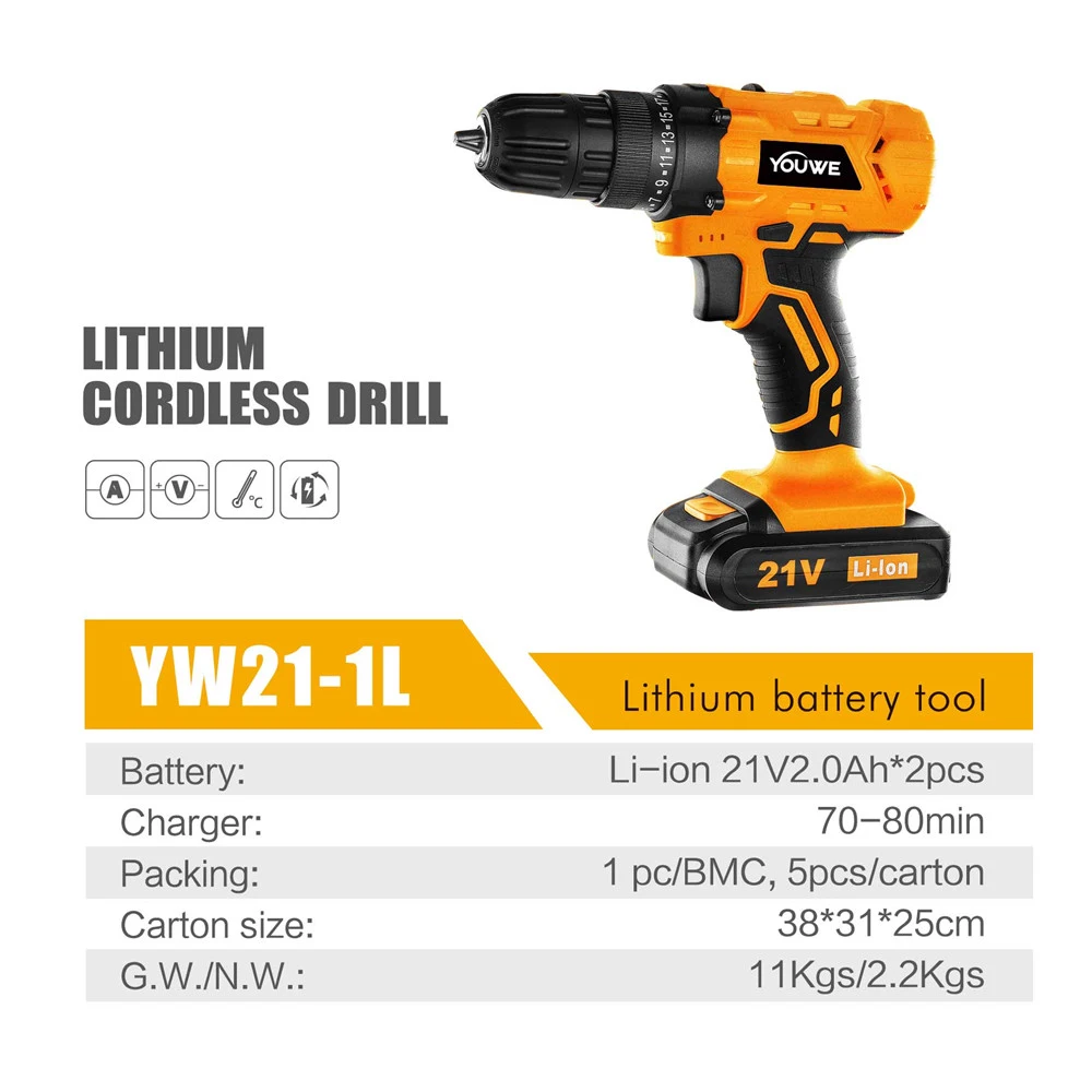 Lithium 21V Professional Powerful Hammer Drill with 2 Battery