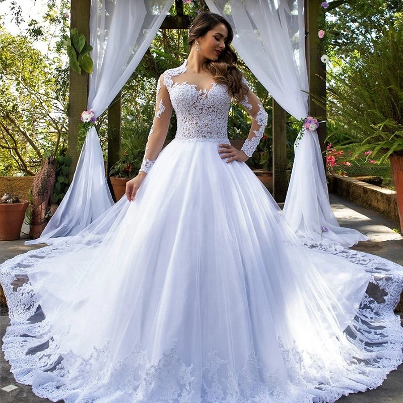Hot Selling Sheer White Long Sleeve Wedding Dress Bridal Gown