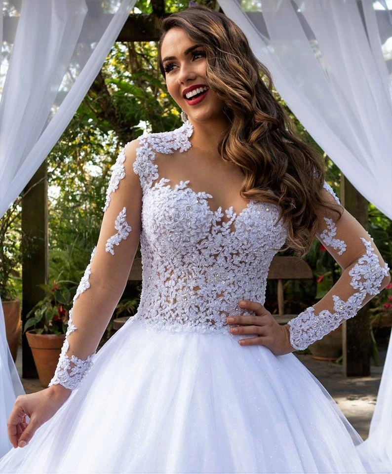 Hot Selling Sheer White Long Sleeve Wedding Dress Bridal Gown
