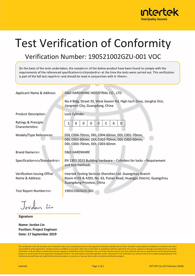 D&D Hardware-Lock Cylinder EN 1303 Certificate_1 D&D Hardware-Lock Cylinder EN 1303 Certificate_1