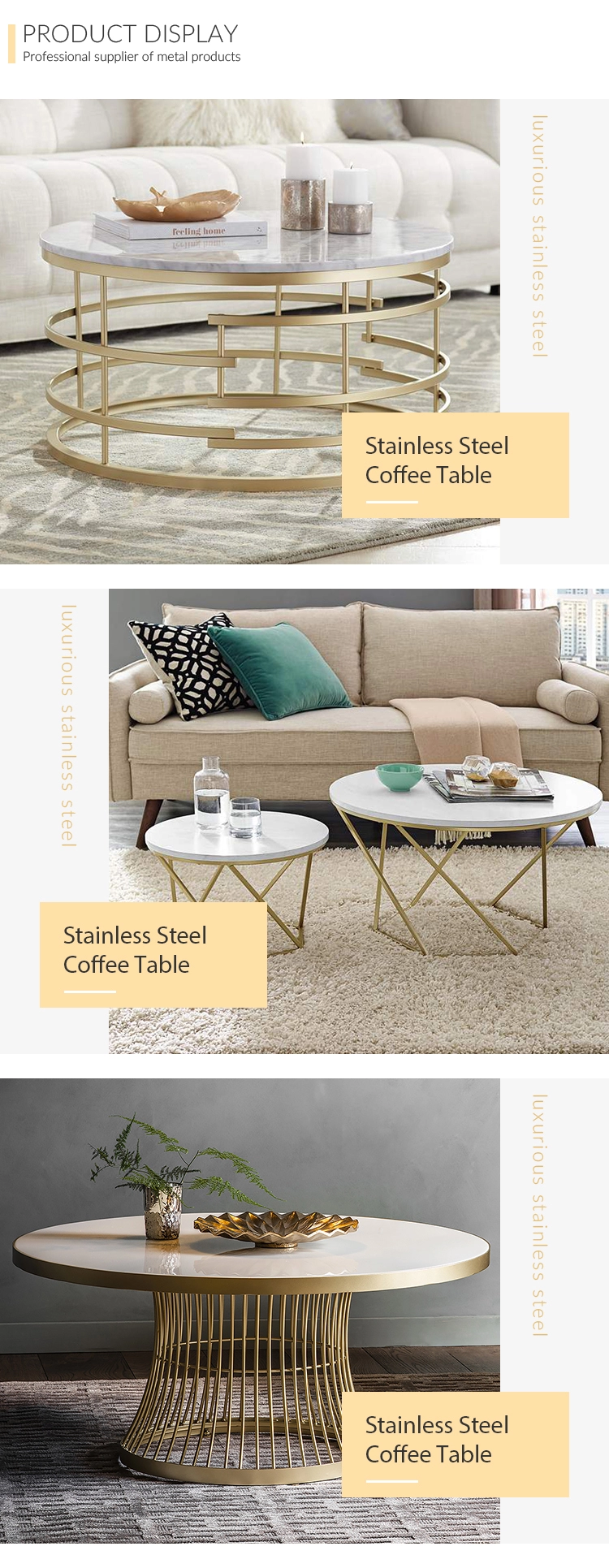 Custom luxury modern marble and metal coffee tables gold color stainless steel coffee table furniture