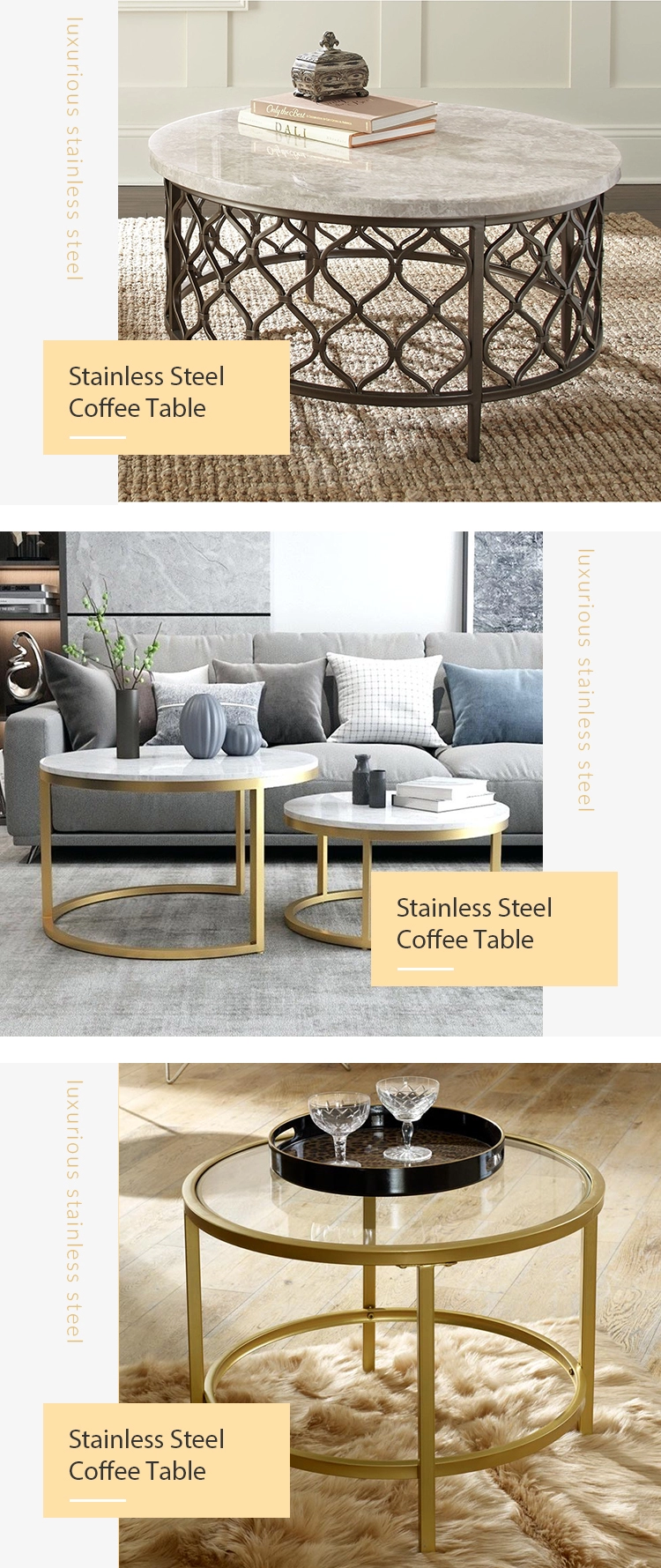 Custom luxury modern marble and metal coffee tables gold color stainless steel coffee table furniture